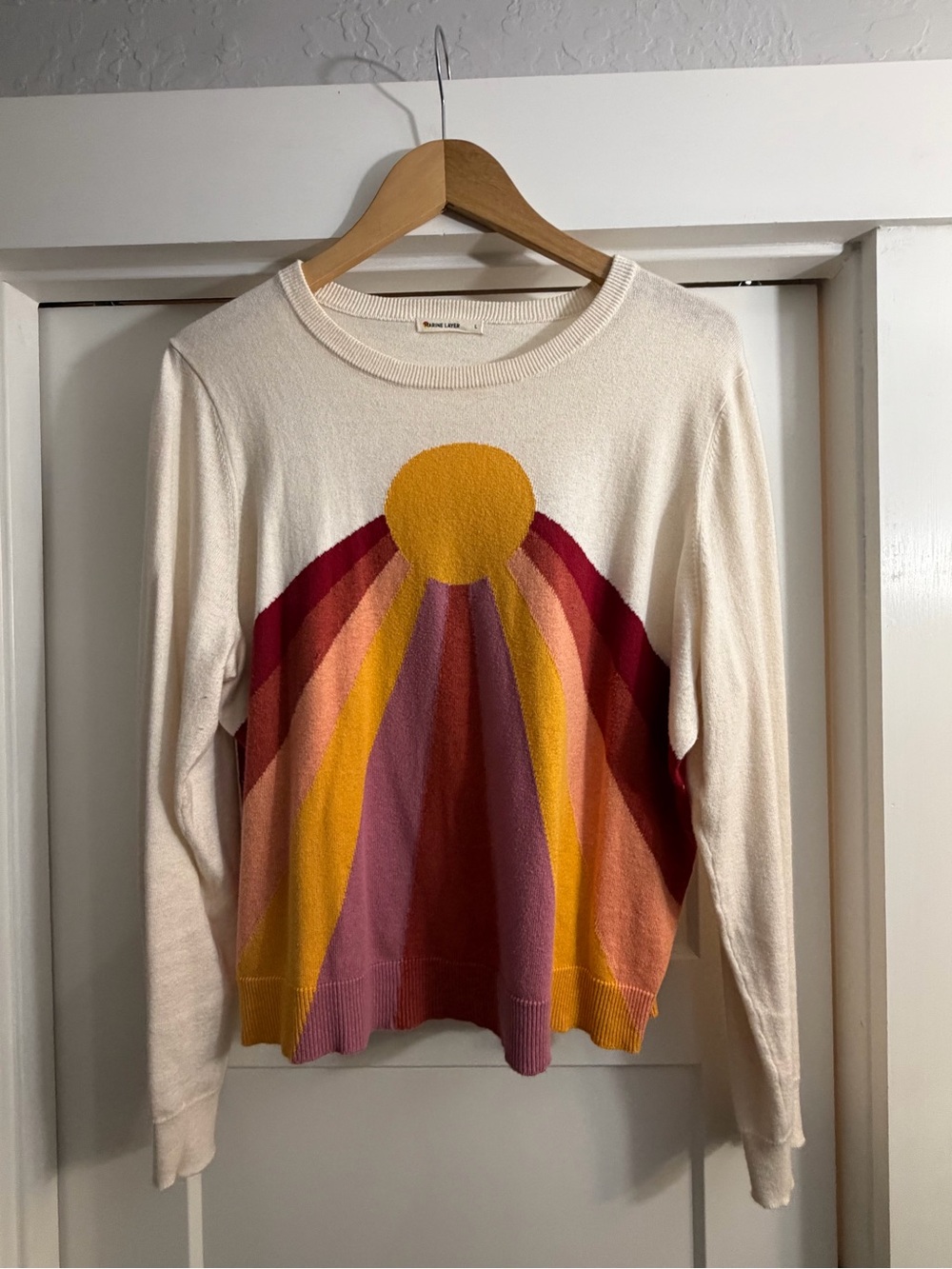 Marine Layer Cream Crewneck with Yellow, Pink, Red & Orange Sunburst